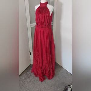 Maria Lucia Hohan Eslem Red Silk Halter Maxi Gown Cutout Back Sz 8 US